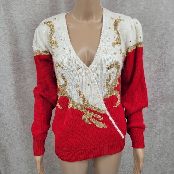 Dana Scott Vintage Red White and Gold Holiday Sweater with Angora Women's Medium - Picture 2 of 11
